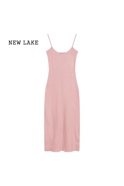 NEW LAKE辣妹法式粉色吊带连衣裙女装夏季纯欲气质裙子收腰性感包臀裙长裙