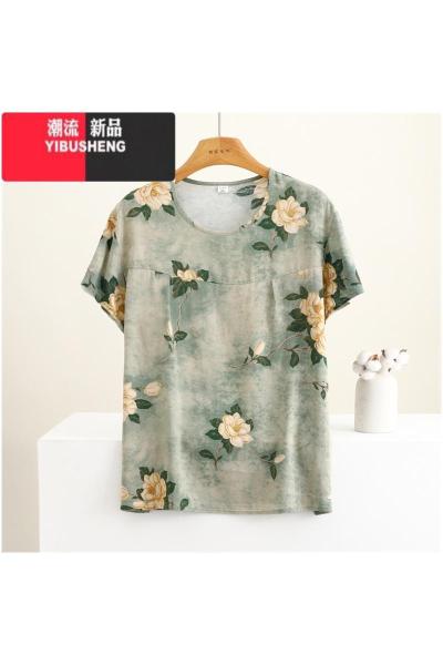 YIBUSHENG季棉绸短袖上衣女薄款宽松大码妈妈人造棉圆领T恤衫中老年装