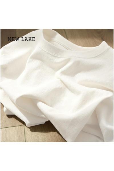 NEW LAKE奶黄色纯棉短袖t恤女夏季美式复古小众设计感宽松大码女装上衣服