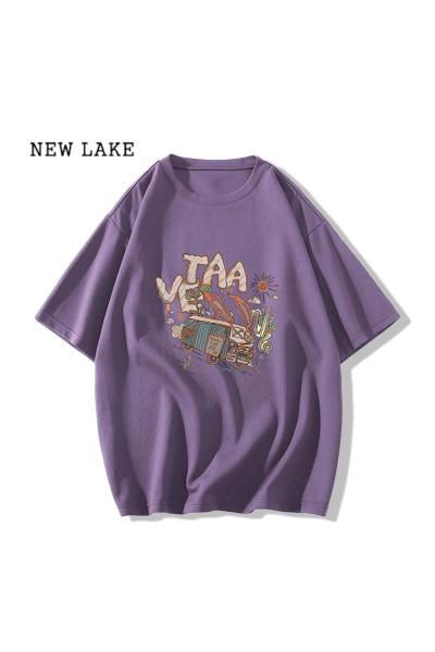NEW LAKE纯棉正肩紫色短袖t恤女夏季设计感小众宽松oversize半袖体恤上衣