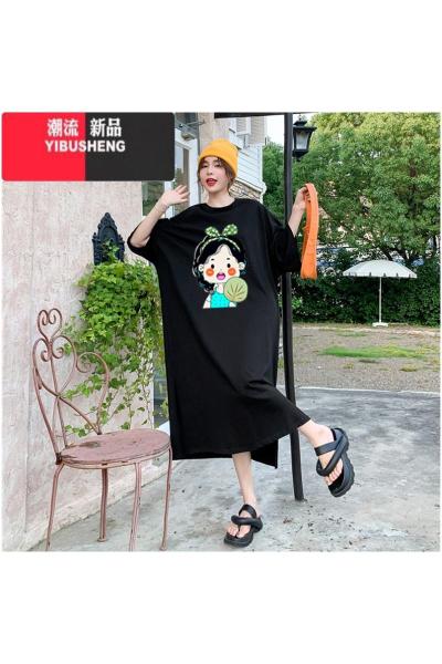 YIBUSHENG短袖t恤连衣裙女春胖妹妹宽松大码中长款过膝孕妇懒人裙
