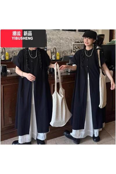 YIBUSHENG日系山本风中长款黑色衬衫裙子女季2024新款小个子设计感连衣裙