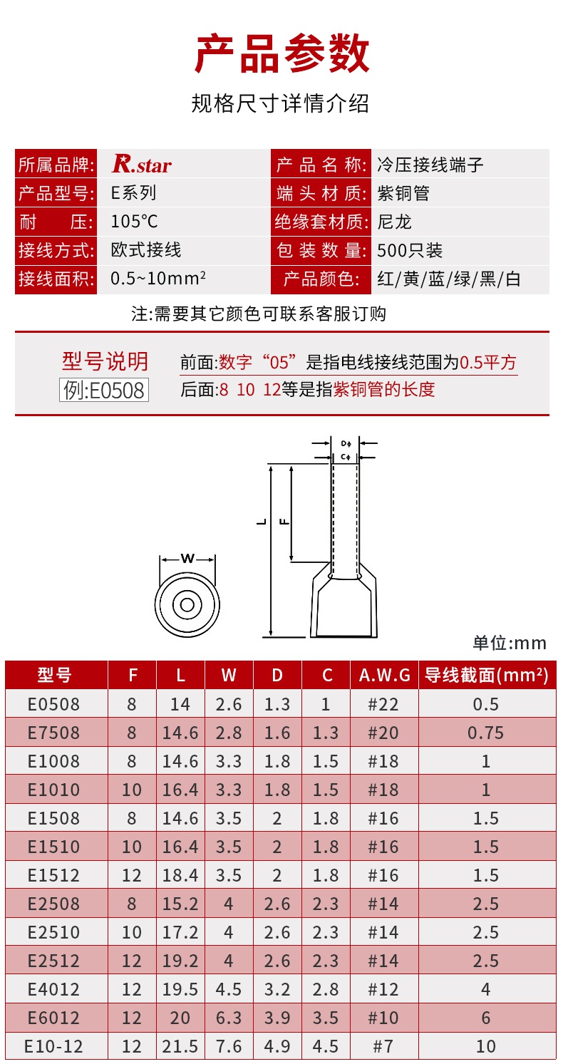 冷压接线端子 管型针型针式线鼻子线耳e7508 e1008 e1508 绿色 e1008