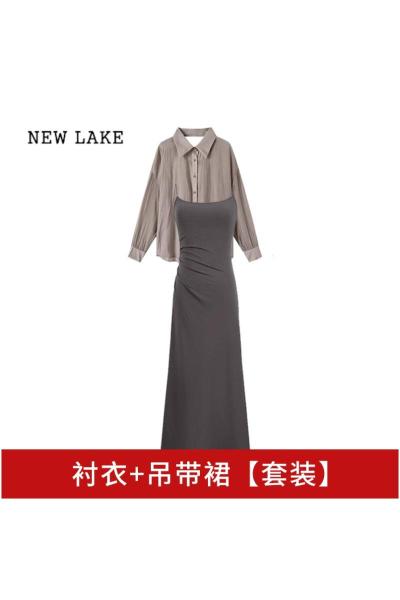 NEW LAKE法式灰色吊带连衣裙子女夏季2024年新款气质收腰梨形身材包臀长裙