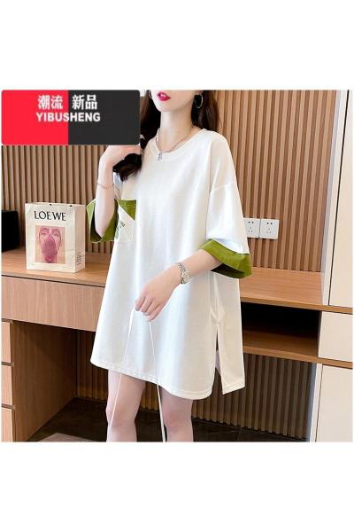 YIBUSHENG大码女装中长款开叉短袖t恤女季2024新款胖mm显瘦遮肚上衣T
