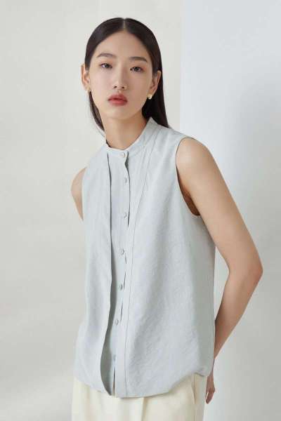 [2件3折价:177]桑蚕丝MECITY女装2021夏季新款气质优雅设计感排扣无袖立领衬衫