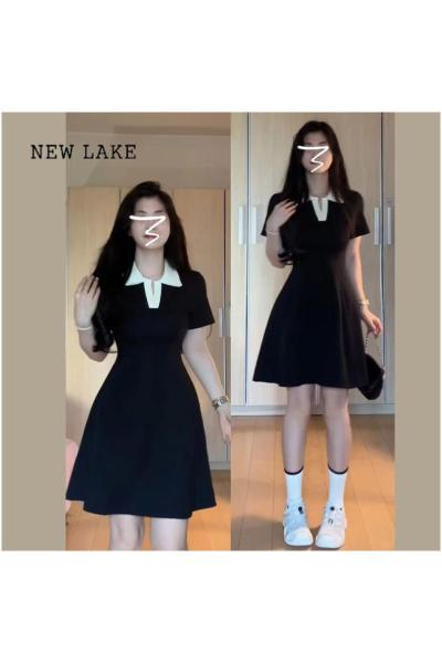 NEW LAKE法式黑色polo连衣裙子女装夏季2024新款梨形身材收腰赫本风小黑裙