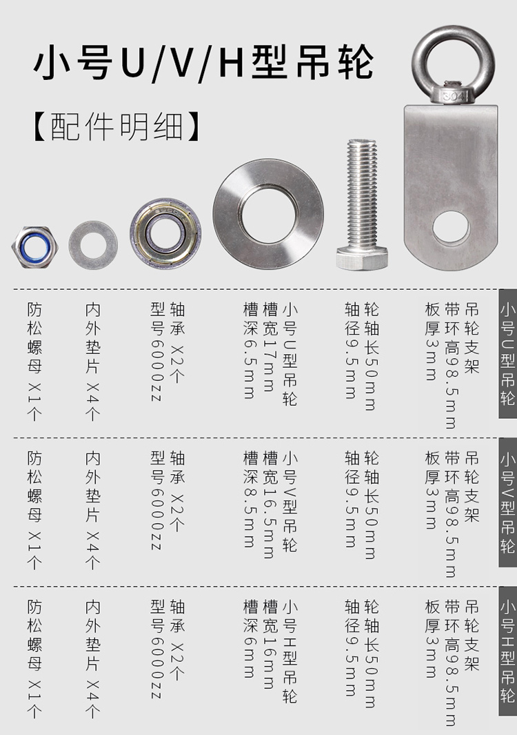 定做304不锈钢滑轮带轴承v型轨道轮u型定滑轮钢丝绳吊环平移门h型槽轮