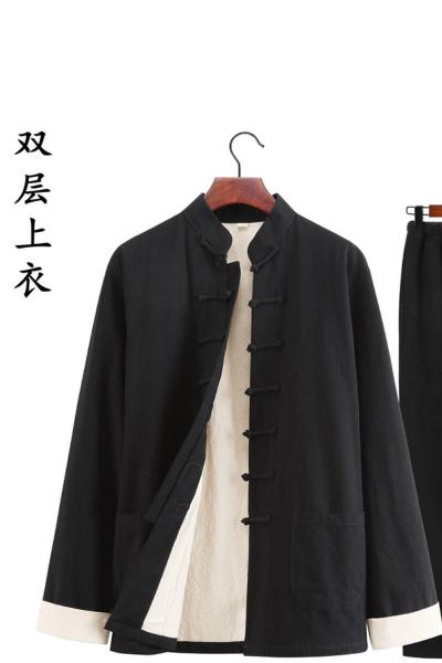 SUNTEK中国风唐装男士长袖外套套装中老年青年春秋冬季汉服盘扣居士服夹克