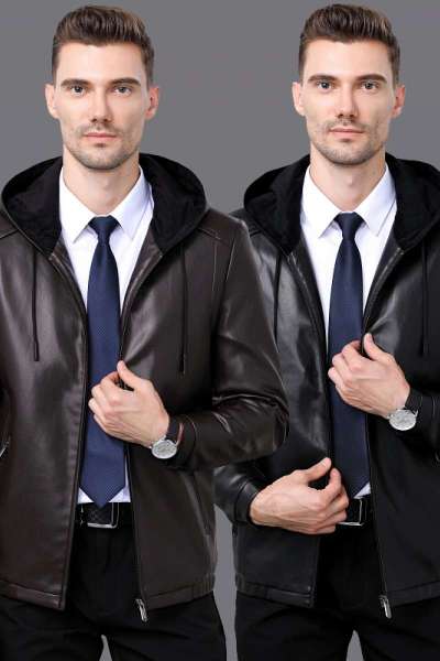 免费试穿 防水外套男上衣春秋加厚夹克皮衣皮夹克连帽子潮牌休闲男装防风衣2024冬装新款外套潮海宁软皮夹克大码男装