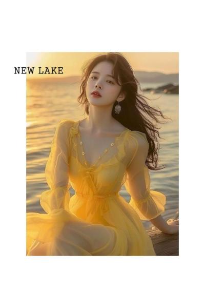 NEW LAKE黄色雪纺连衣裙春夏女2024年新款沙滩裙女海边度假仙法式长裙子