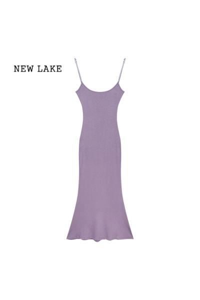 NEW LAKE紫色吊带连衣裙女春季纯欲风性感内搭裙子中长款鱼尾裙紧身包臀裙