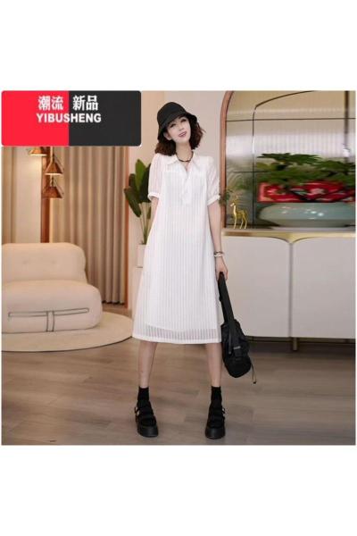 YIBUSHENG高级感短袖减龄连衣裙女2024年季新款宽松中长款遮肉气质衬衫裙