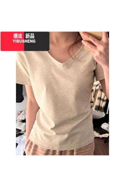 YIBUSHENG正肩短袖V领t恤女装2024季新款修身显瘦基础款百搭灰色上衣