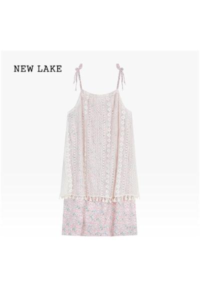 NEW LAKE小个子海边度假风吊带裙女早春设计感拼接碎花裙甜美连衣裙长裙子