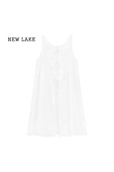 NEW LAKE白色蕾丝连衣裙女春季叠穿气质系带两面穿背心中长裙子