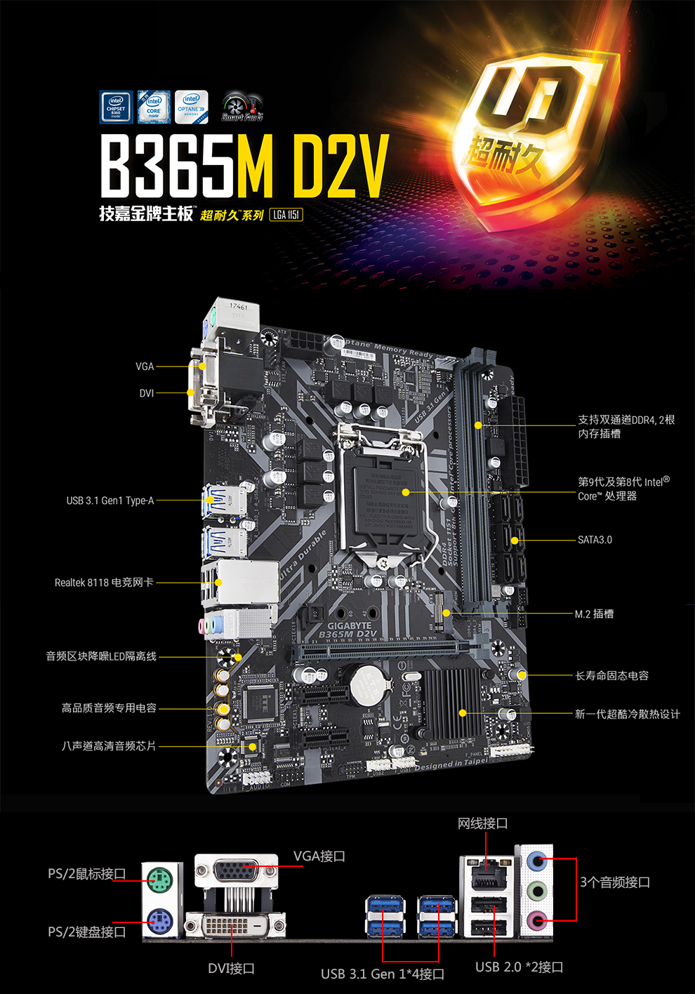 技嘉(gigabyte)b365m -d2v 电竞游戏主板 英特尔酷睿 i7 9700盒包cpu