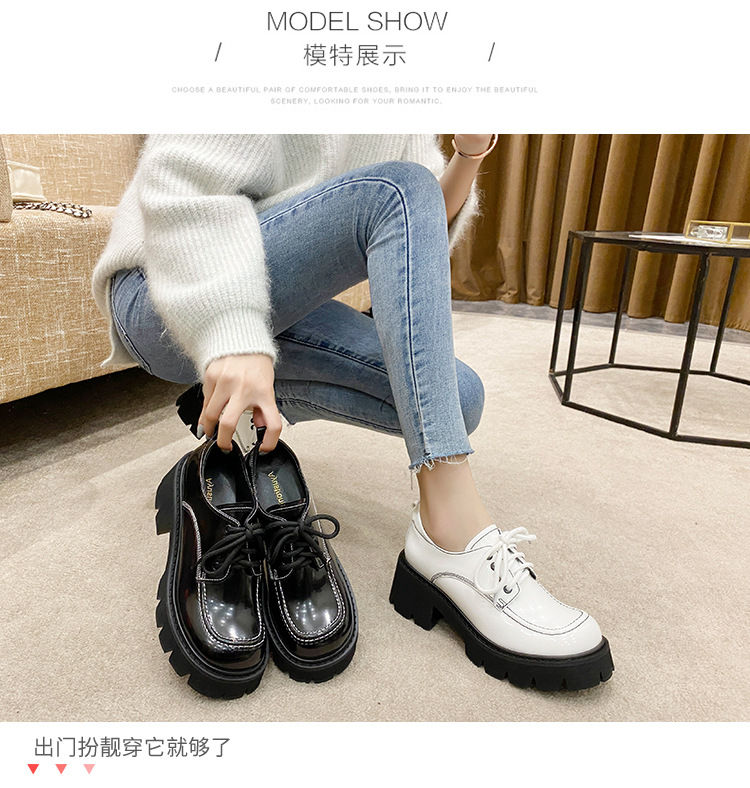 ideamini阿希哥同款鞋方头厚底鞋女系带松糕乐福鞋英伦风增高漆皮小