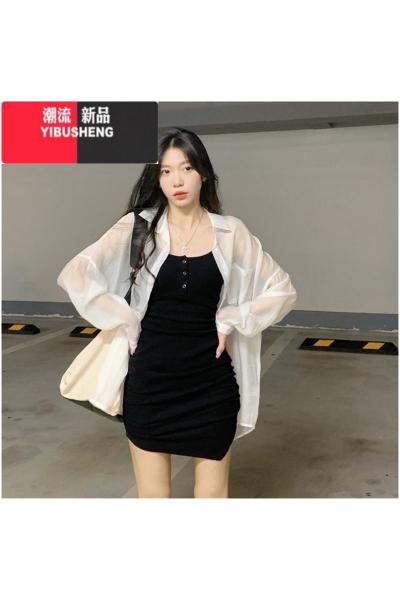 YIBUSHENG辣妹套装连衣裙女2023中长款冰丝衬衫显瘦性感吊带包臀短裙两件套