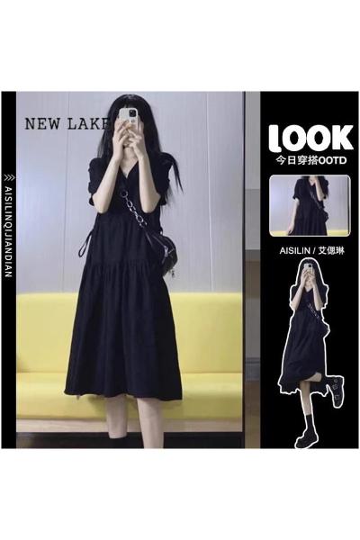 NEW LAKE法式赫本风黑色连衣裙子女夏季2024新款小个子高级感v领气质长裙