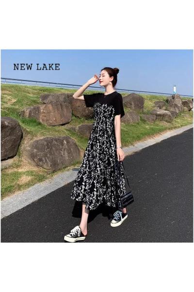 NEW LAKE2024年夏季新款赫本风小黑裙中长款拼接碎花裙高腰显瘦长裙连衣裙