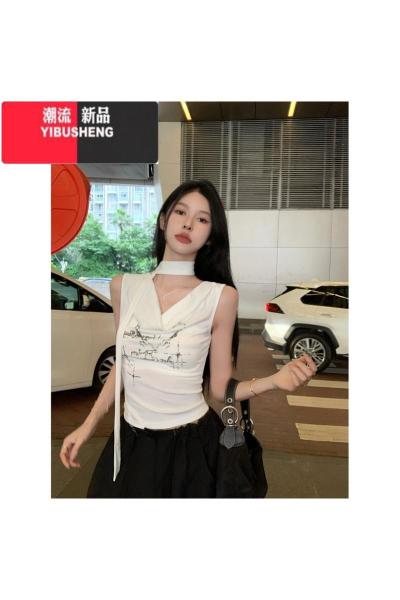 YIBUSHENG飘带V领无袖印花背心T恤女季2024新款修身显瘦短款露肚脐上衣潮