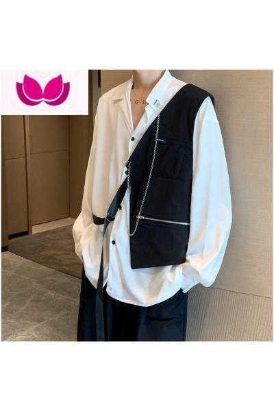 七斓个性设计感马甲拼接撞色薄款长袖项链衬衫男高街外穿上衣ins衬衣