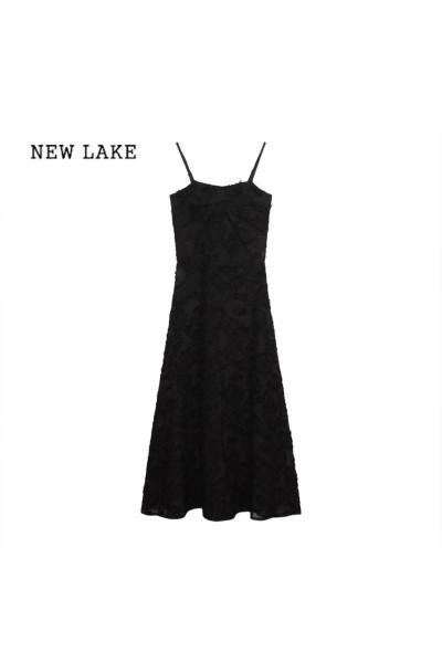 NEW LAKE黑色透视性感蕾丝吊带连衣裙女夏季收腰紧身晚礼服裙子纯欲风长裙