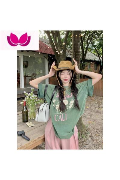 七斓美式复古水洗做旧短袖印花T恤女装春季黑色宽松设计感中长款上衣