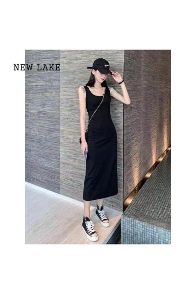 NEW LAKE2024年夏季新款黑色修身吊带连衣裙显瘦收腰无袖高级感背心长裙