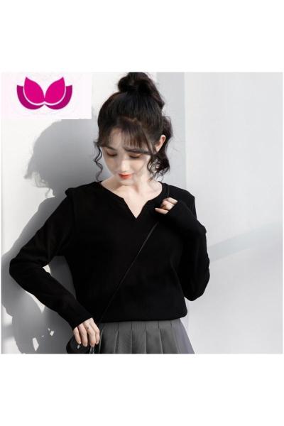 七斓2023春季新款黑色长袖t恤女百搭打底衫学生内搭小开V领上衣潮