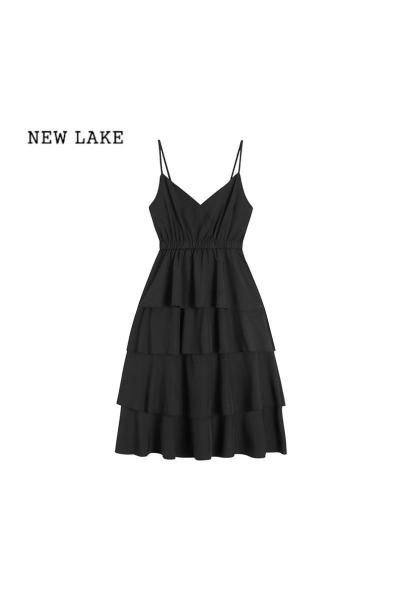 NEW LAKE法式设计感黑色v领吊带裙夏气质显瘦解构长裙子收腰蛋糕连衣裙女