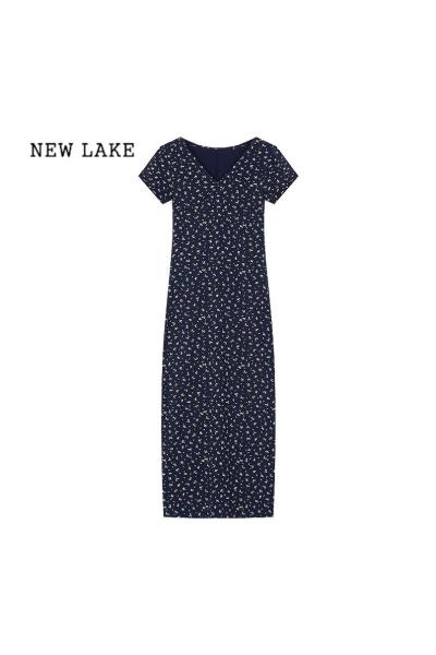 NEW LAKE法式复古碎花V领短袖连衣裙女夏季气质收腰包臀裙长裙子