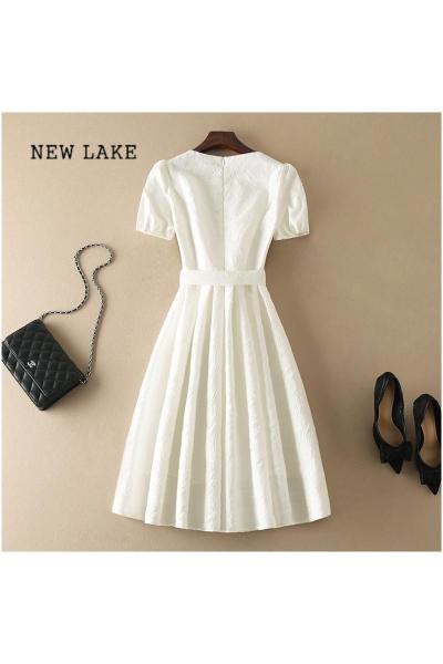 NEW LAKE公主风小个子显高女装小白裙高级感法式白色简约圆领收腰连衣裙夏