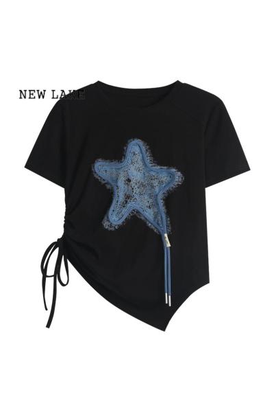 NEW LAKE设计感纯棉短袖T恤女2024年夏季新款黑色五角星印花休闲圆领上衣