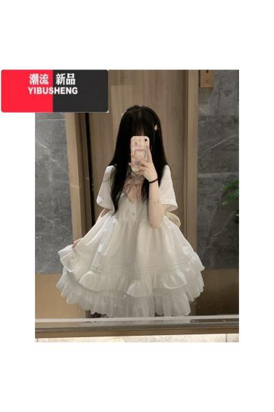 YIBUSHENG白色短袖衬衫小个子连衣裙2024季新款甜美蝴蝶结拼接花边蓬蓬裙
