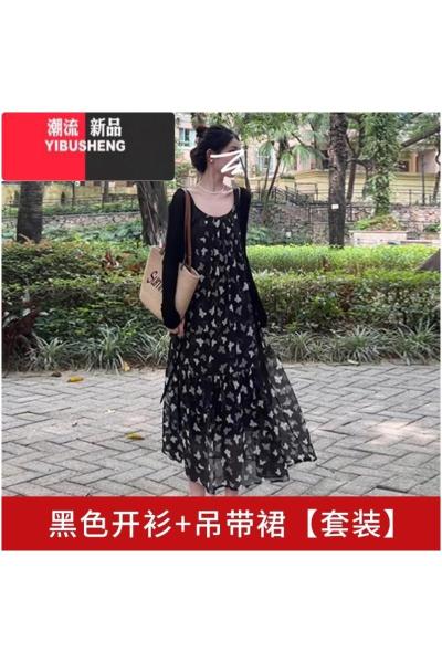 YIBUSHENG新中式国风黑色吊带碎花连衣裙女2024新款季小个子穿搭一整套装