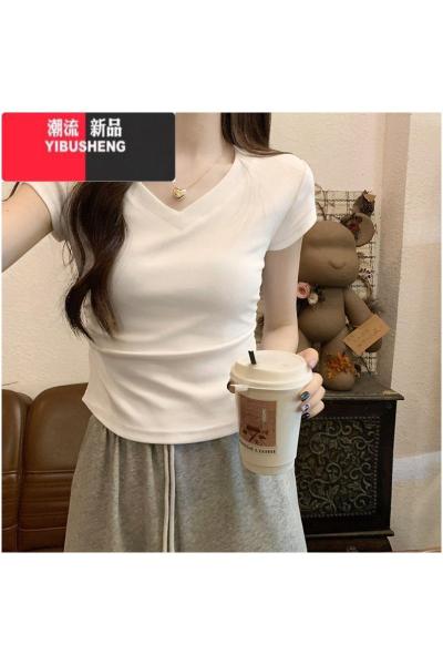 YIBUSHENG正肩短袖女t恤2024新款季修身显瘦不规则设计短款辣妹上衣