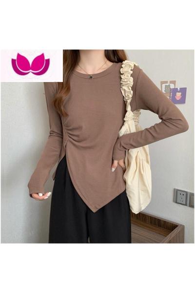 七斓大码女装遮肚子不规则开叉上衣春季胖妹妹圆领百搭长袖t恤打底衫