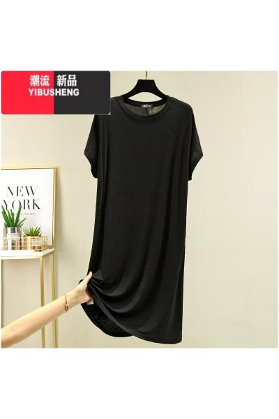 YIBUSHENG莫代尔薄款连衣裙女装季圆领中长款短袖T恤裙大码宽松显瘦长裙