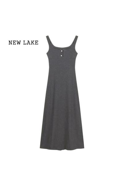 NEW LAKE灰色背心吊带包臀连衣裙子女夏季2024年新款桔梗茶歇法式气质长裙