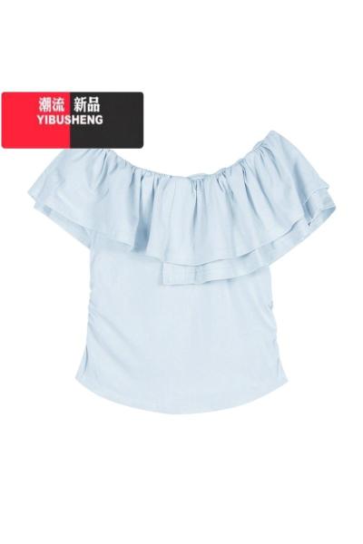 YIBUSHENG一字肩纯欲短袖T恤女季褶皱荷叶边设计感小众短款别致气质上衣