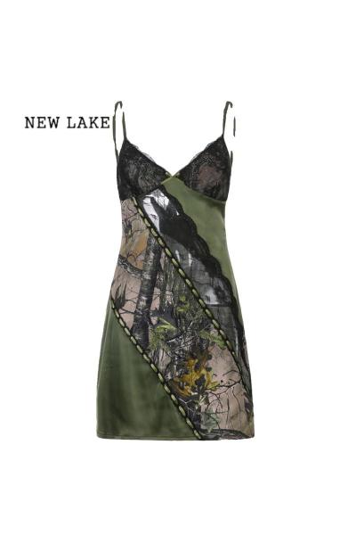 NEW LAKEAmywayy美高艺术生植物系印花蕾丝拼接收腰连衣裙小众吊带包臀裙