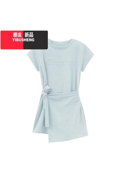 YIBUSHENG立体字母短袖连衣裙女季新款韩系绑带设计感收腰显瘦A字短裙子