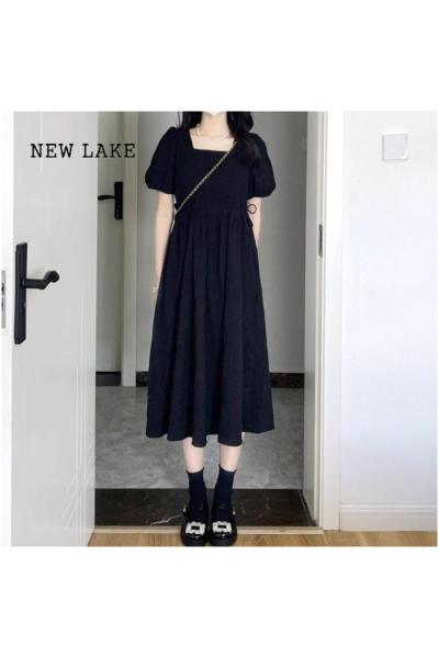 NEW LAKE黑色连衣裙女夏季小个子小众时尚法式赫本风小黑裙收腰显瘦长裙子
