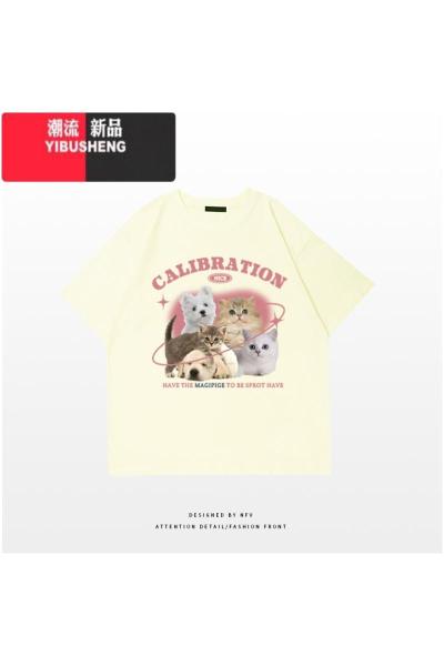 YIBUSHENG猫咪字母印花短袖T恤女韩版百搭季ins甜美学院宽松学生上衣
