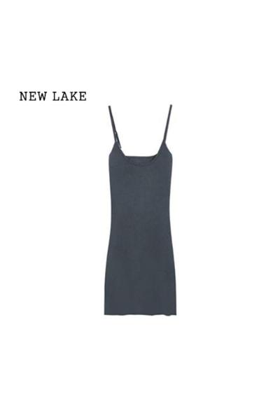 NEW LAKE灰色吊带裙紧身连衣裙女装辣妹显瘦包臀裙夏季长裙小个子短裙裙子