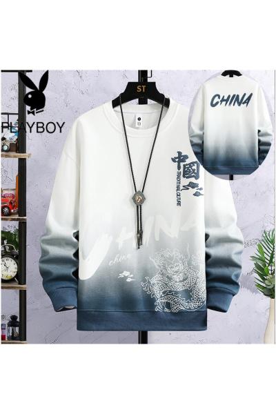 花花公子国风渐变卫衣男2024春秋新款青少年宽松圆领T恤两件套装