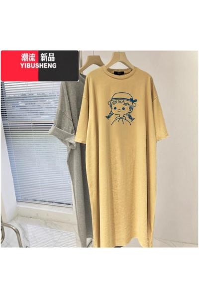 YIBUSHENG大码女装短袖t恤连衣裙季衣服中长款过膝裙子胖mm显瘦长裙
