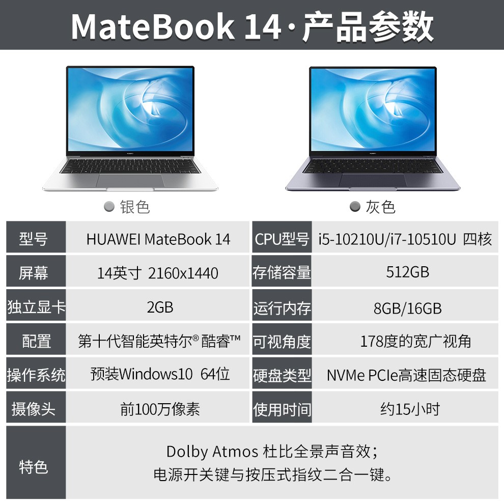 华为huaweimatebook142020款全面屏轻薄性能笔记本电脑十代酷睿i716g